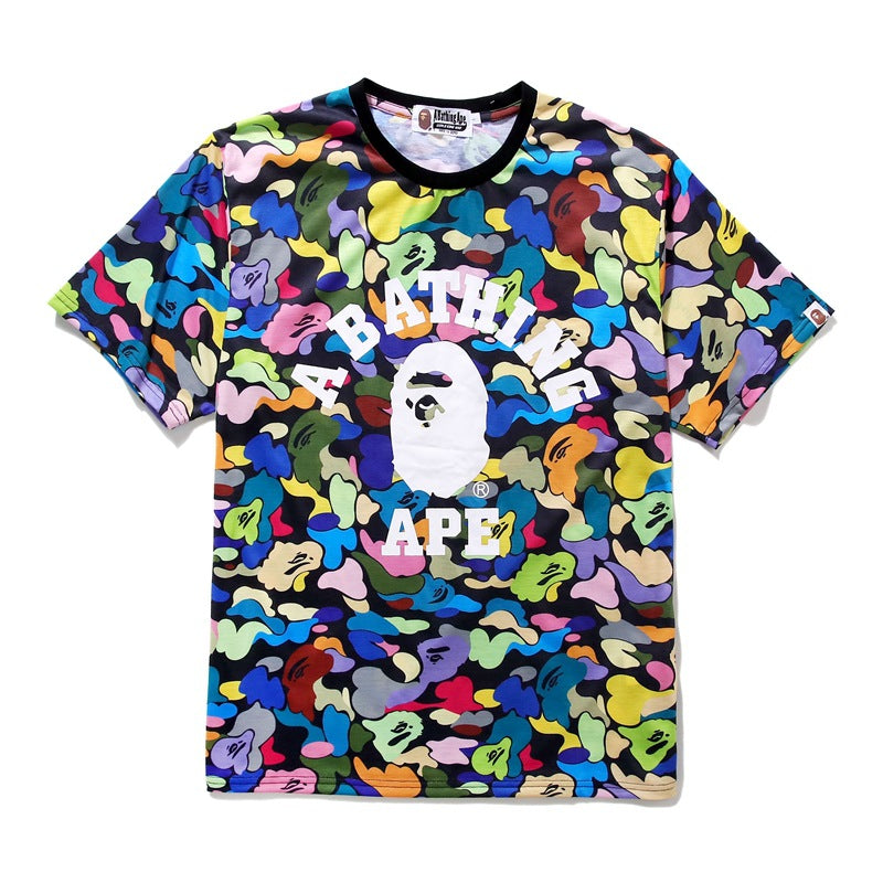 Bape Bearbrick T-Shirt Cartoon Printed Color T-Shirt Casual Loose Men And Women Same Style