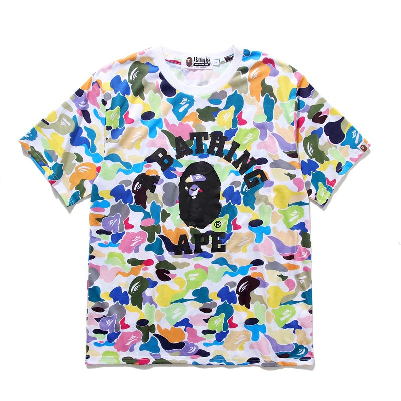 Bape Bearbrick T-Shirt Cartoon Printed Color T-Shirt Casual Loose Men And Women Same Style