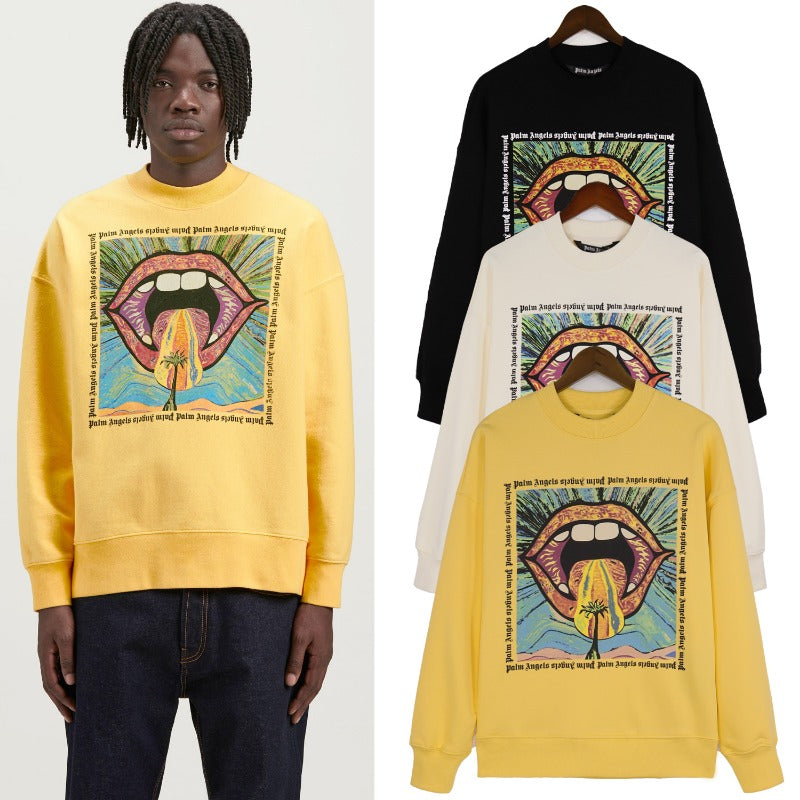 Palm Angels Sweatshirts Painted Mouth Logo Print Long Sleeve Crew Neck Sweater