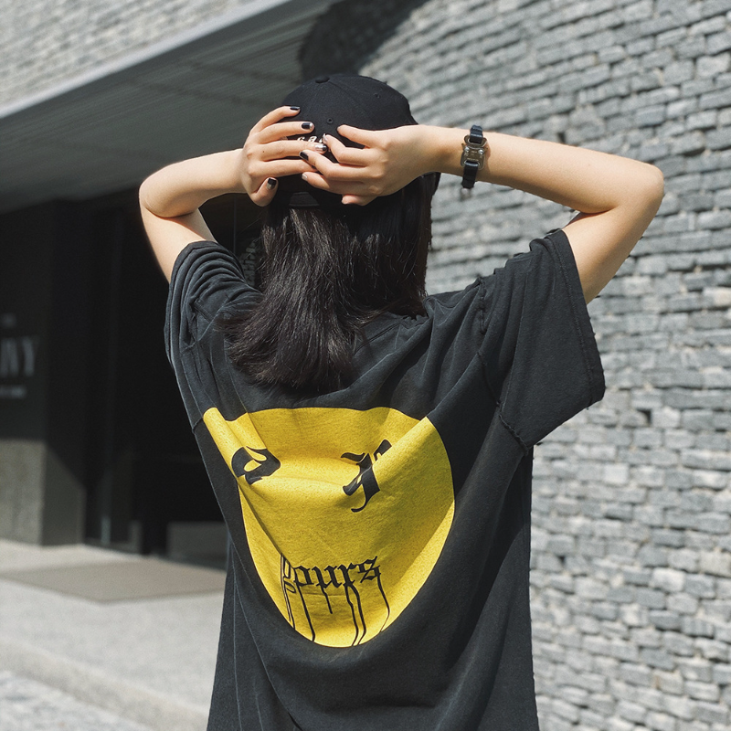 Askyurself T-shirts Sanskrit Letter Smiley Face Printing Loose Couple VTG