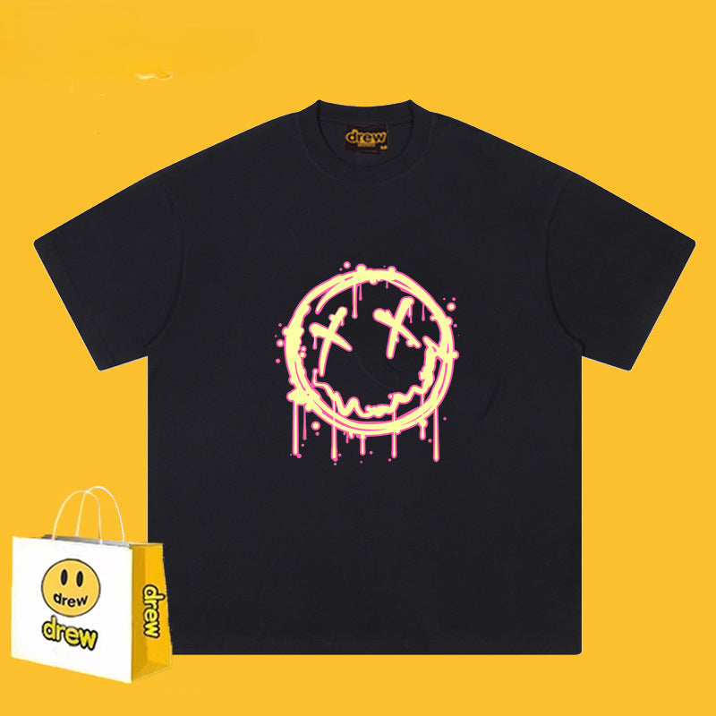 Drew T-shirts Flame Smiley Face Short Sleeve Print