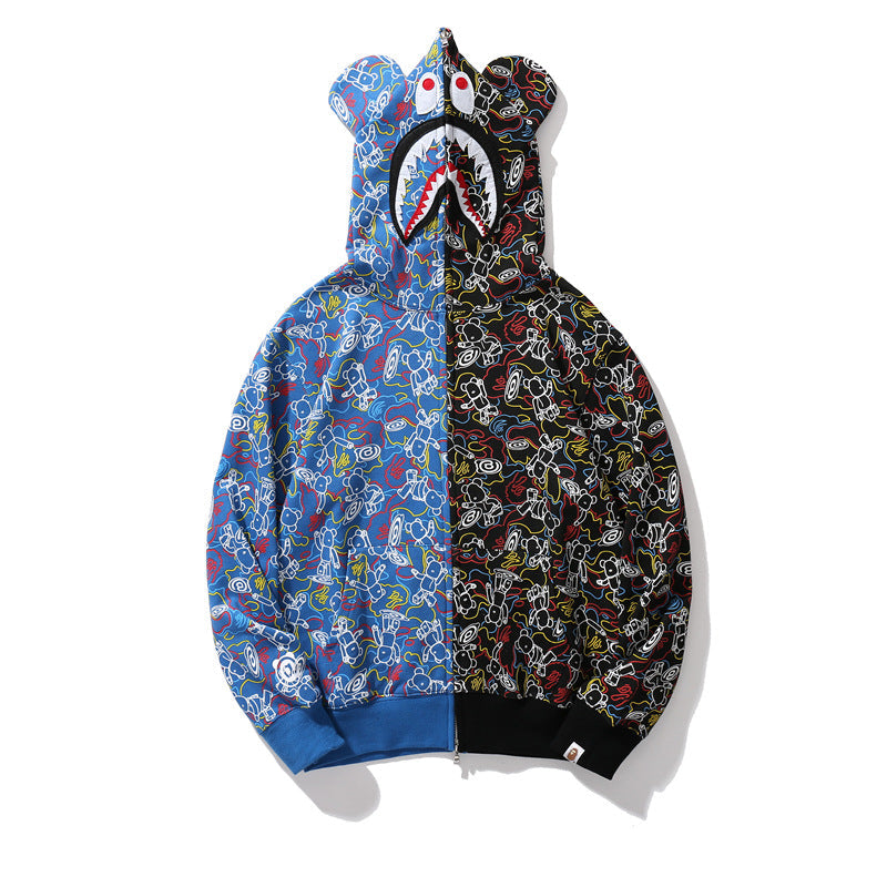 Bape Bearbrick Hoodie Blue And Black Camouflage Stitching Shark Zipper Hooded Ear Sweater