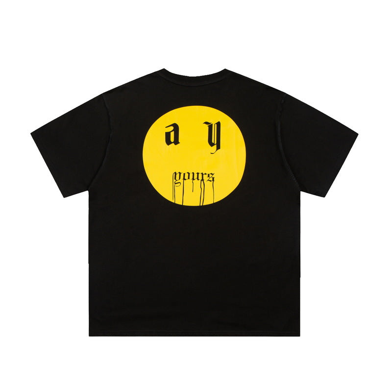 Askyurself T-shirts Sanskrit Letter Smiley Face Printing Loose Couple VTG