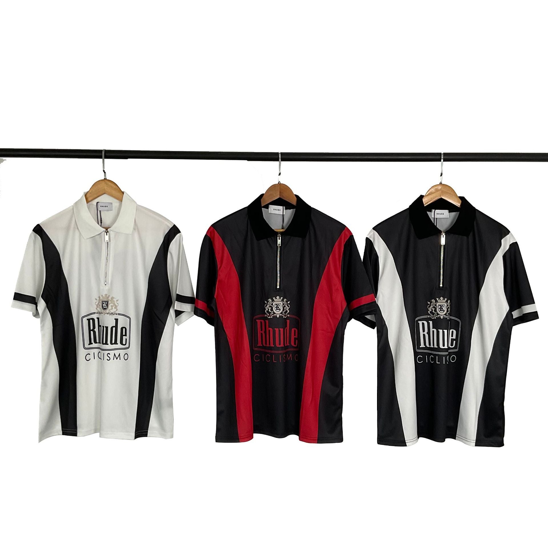 Rhude T-shirt Cross-border European and American trendy brand RHUDE badge letter half zipper mesh lapel short-sleeved T-shirt men's and women's high street polo shirt